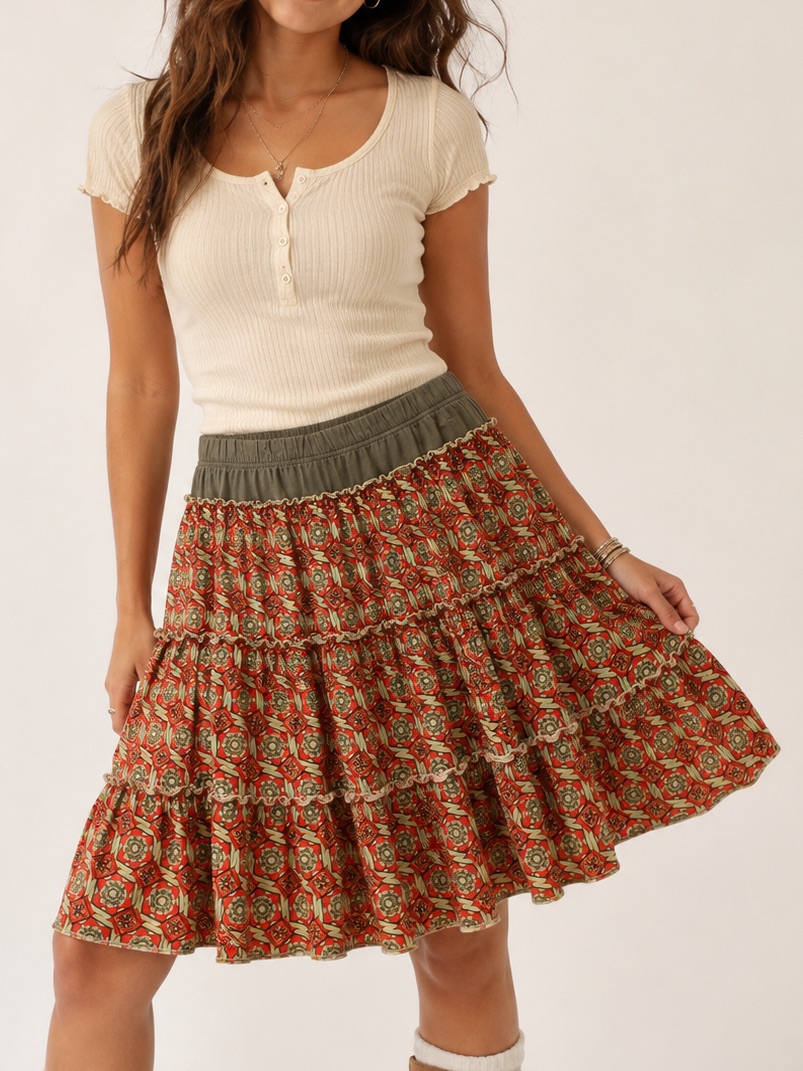 Matilda Jane Serendipity Midi Skirt Tiered Ruffle Rayon Geometric Red M
